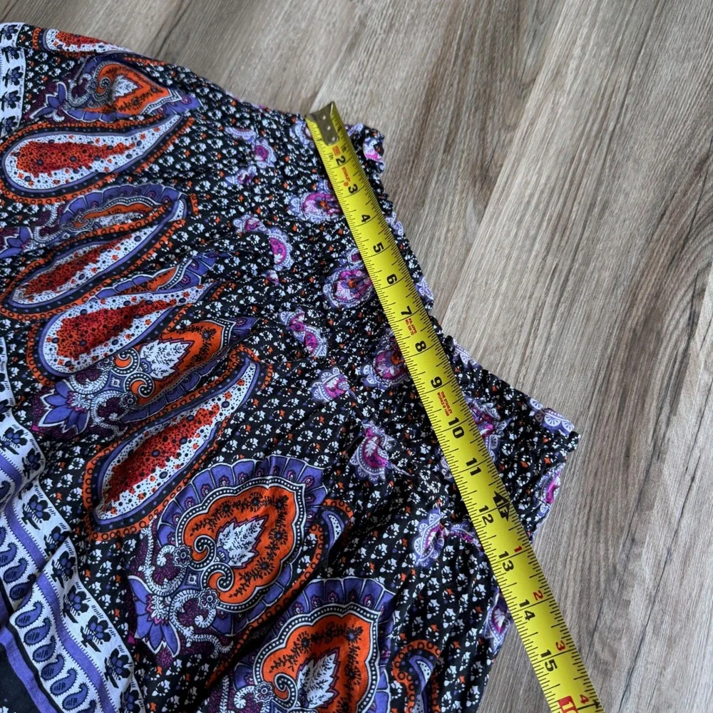 Y2K Chime Boho Paisley Smocked Mini Skirt Purple‎ Orange Floral Festival Size M